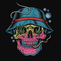 Skull with Hat Smoking Pipe with Plants Growing in Eye Sockets vector