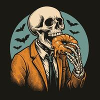 Skeleton Eating Donut in Business Suit with Bats Silhouette Design vector