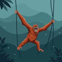 Orangutan Climbing Vines in Jungle Illustration with Lush Foliage vector