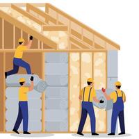 Workers Installing Insulation in House Construction for Energy Efficiency vector
