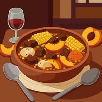 Delicious Stew with Corn and Peaches Accompanied by Red Wine vector