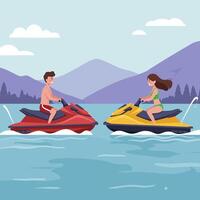People Riding Jet Skis on Water with Mountains in Background vector