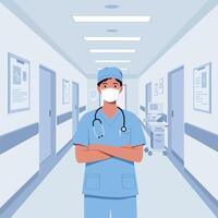 Doctor Standing with Arms Crossed in Bright Hospital Hallway Setting vector