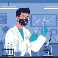 Scientist Conducting Experiment in Laboratory Wearing Facemask and Protective Gloves vector