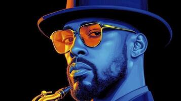 Close Up Portrait of Man in Top Hat and Sunglasses Playing Saxophone photo