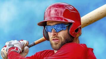 Close up of Baseball Player in Red Jersey and Blue Sunglasses photo