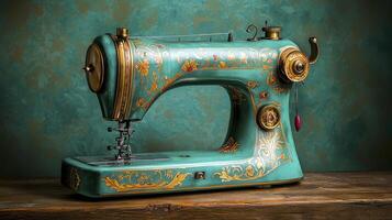 Antique Teal Sewing Machine with Gold Accents on Wooden Surface photo