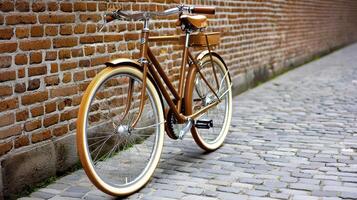 Brown Vintage Bicycle Leaning Against Red Brick Wall in Cobblestone Alley photo