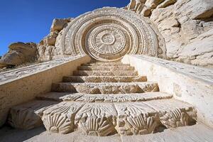 Ancient Stone Staircase with Intricate Circular Relief Under Bright Sunlight photo