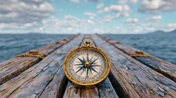 Antique Compass on Weathered Wooden Dock Overlooking Tranquil Sea photo