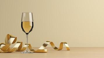 Champagne Flute with Golden Ribbon on Wooden Table photo