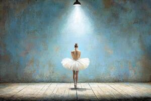 Elegant Ballerina in White Tutu Posing Under Spotlight on Wooden Stage Before Textured Blue Wall photo