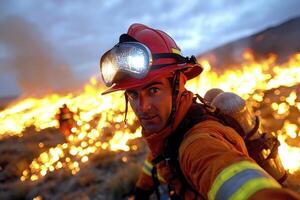 Brave Firefighter Battling Wildfire at Night photo
