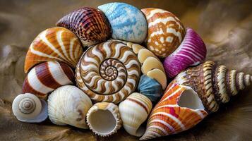 Colorful Seashell Collection on Brown Textured Background photo