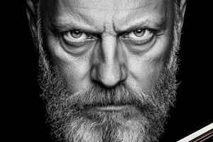 Close Up Black And White Portrait Of A Mature Man With Intense Gaze photo