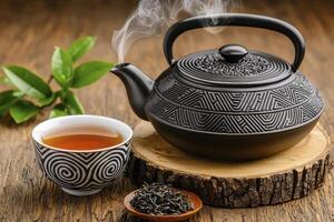 Black Teapot and Teacup on Rustic Wooden Table photo