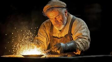 Elderly Craftsman Welding Metal in Dark Workshop photo