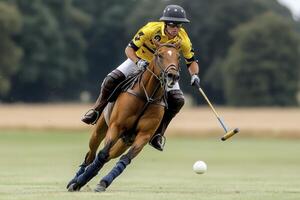 Dynamic Polo Match Rider in Yellow Striking Ball on Green Field photo