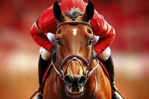 Close Up of Jockey and Brown Horse Racing in Reddish Field photo