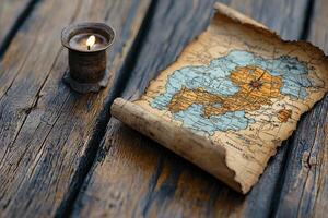 Aged Treasure Map and Lit Candle on Dark Wooden Surface photo
