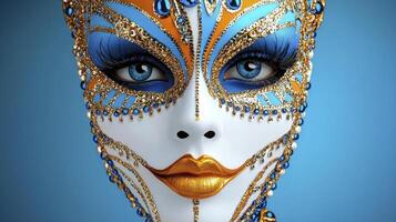 Closeup of Woman in Intricate Blue Gold White Venetian Mask on Light Blue Background photo