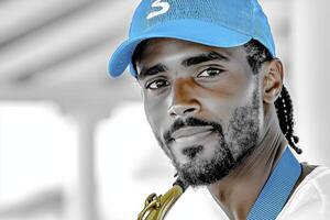 Close Up Portrait of a Man in Blue Cap Holding Saxophone photo