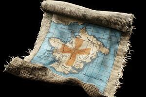 Aged Fabric Scroll Map with Central Cross on Black Background photo