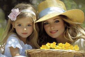 Close up Portrait of Blonde Mother and Daughter in Straw Hats with Yellow Flowers photo