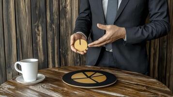 Businessman Presents Pie Chart On Wooden Table With Cup In Suit And Tie photo