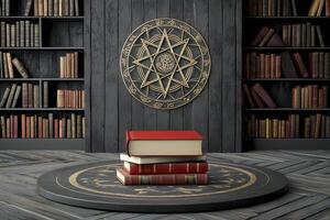Antique Books Stacked on Circular Platform in a Dark Library Setting photo