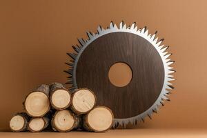 Circular Saw Blade and Stack of Wood Logs on Brown Background photo