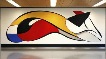 Abstract Mosaic Artwork with Flowing Red, Yellow, and Blue Shapes in a Modern Interior photo