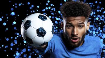 Closeup of a Determined Young Man Catching Soccer Ball in Blue Bokeh Lights photo