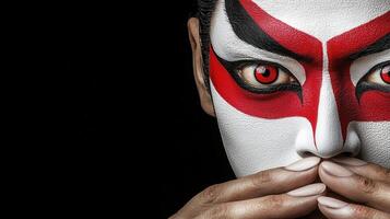 Dramatic Face Paint Close Up Red and Black Design on White Skin with Black Background photo