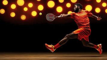 Dynamic Tennis Player in Action Orange Sportswear, Dark Background, Bokeh Lights photo