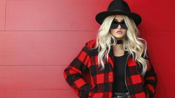 Blonde Woman in Red Checkered Coat Posing Against Red Wall photo
