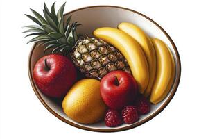 Close up Still Life of a Fruit Bowl with Red Apples Bananas and Pineapple photo
