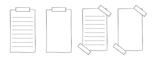 Hand drawn memo paper sheet, notepad, reminder, to do list, sticky tape. Bullet journal elements in line art doodle style. vector