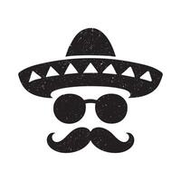 Stylized mexican character design with sombrero sunglasses and mustache in textured style vector