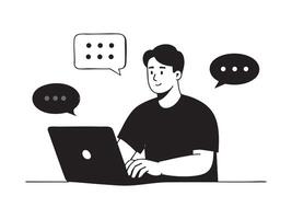 Smiling man typing on laptop with speech bubbles illustrating online communication vector
