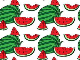 Seamless watermelon pattern with whole fruits and slices in a playful cartoon style. Perfect for summer textiles, packaging, wrapping paper, and kids' designs. vector