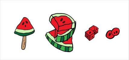 Watermelon cutting options into slices, cubes, balls, on a stick. Colorful hand-drawn illustrations collection for summer themes, food icons, recipes, prints or children's designs. vector