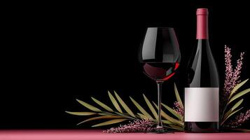 Elegant Red Wine Bottle And Glass With Floral Accents On Dark Background Product Shot photo