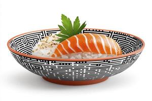 Salmon Sashimi Rice Bowl with Black and White Patterned Dish photo