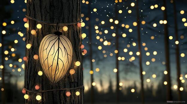 Glowing Lights and Leaf on Tree Trunk in Dark Forest at Night photo