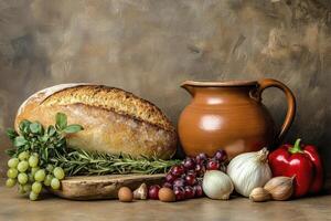 Rustic Still Life with Bread and Terracotta Pitcher photo