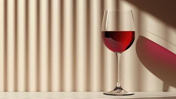 Red Wine Glass in Sunlight Minimalist Setting with Beige Background photo