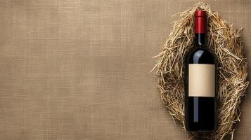 Red Wine Bottle on Burlap with Straw Background photo