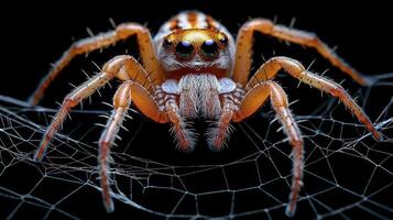 Detailed Macro Photograph of an Orange and White Spider on a Delicate Web with Black Backdrop photo