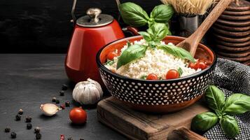 Couscous Salad with Basil and Tomatoes on Rustic Dark Wooden Table photo